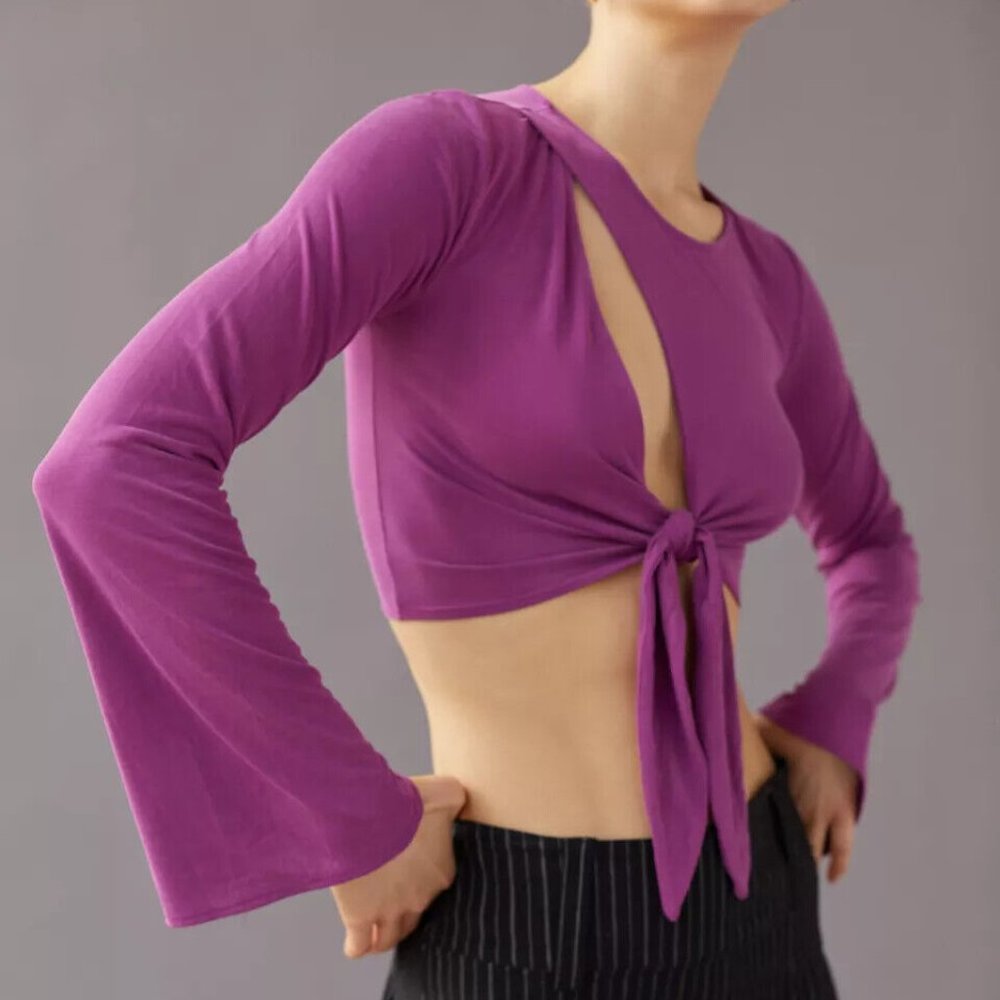 NEW Urban Outfitters Elle Keyhole Flare Sleeve Magenta Purple Cutout Tie Top XS